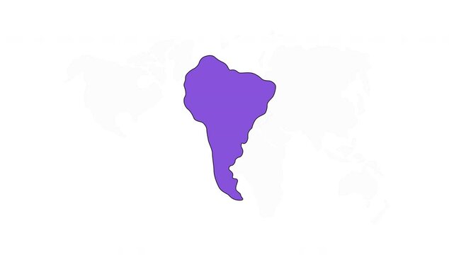 South America continent map silhouette 2D cartoon clipart animation. Geography education. Latin american territory. Landmass shape animated flat element 4K video isolated on transparent background