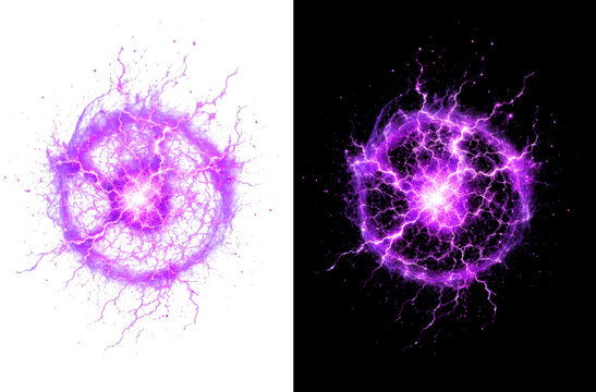 Abstract purple energy explosion with glowing core and radiating light trails isolated on transparent background