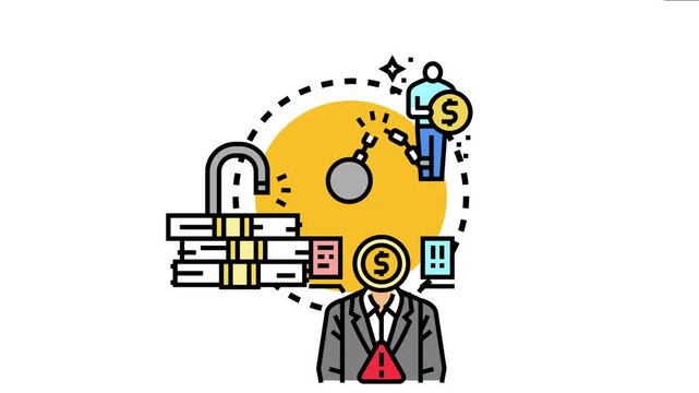 Financial assistance showing a person freed from debt chains, an empty padlock on money stacks, and a businessperson with a coin head representing economic aid and crisis resolution