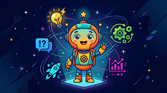 Cute Robot Child with Brainstorming Icons and Digital Elements