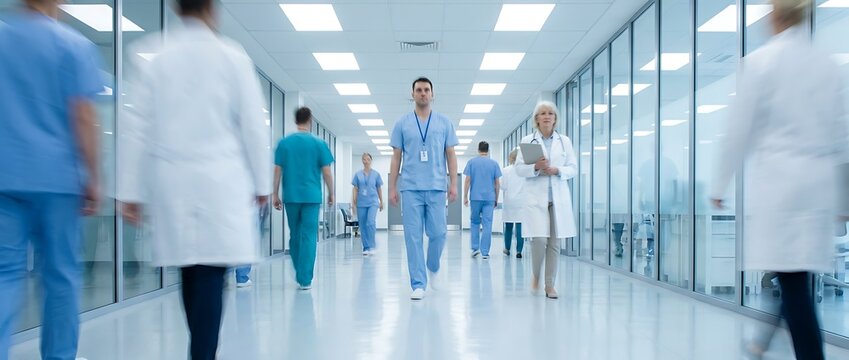 Medical professionals in blue scrubs and white coats walk down a bright modern hospital corridor with glass walls and fluorescent lighting.
