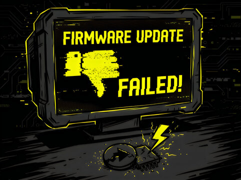 Firmware update failed error message on a dark computer monitor screen