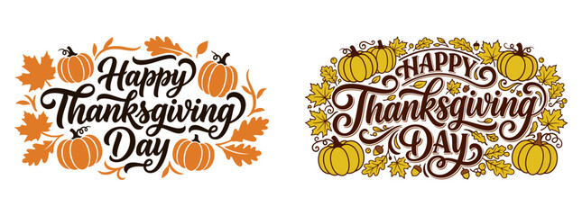 Festive thanksgiving day greetings with pumpkins leaves and elegant hand lettered typography. Thanksgiving Day Greeting Card Vector Design with Fall Harvest Elements © Sajminnahar