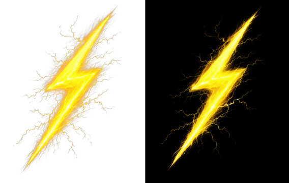 Bright yellow lightning bolt with energetic crackles during a storm representing power and speed isolated on transparent background