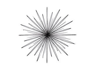 Fototapeta premium Black and white hand drawn starburst sunburst explosion icon with scattered lines and ink sketch style isolated on transparent background