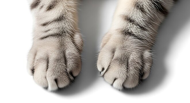 Close up shot of fluffy domestic cat paws on white surface