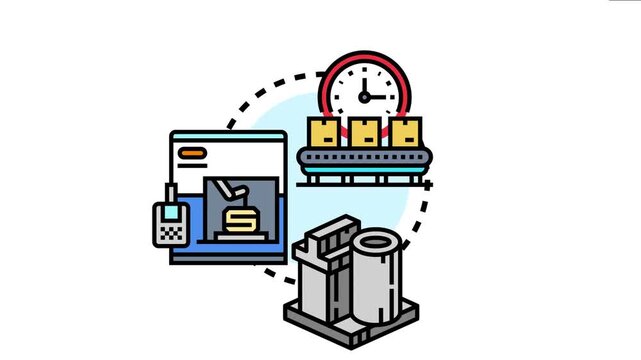 Additive production process depicting an automated 3d printing machine creating parts, integrating with conveyor systems for efficient industrial manufacturing and future innovation