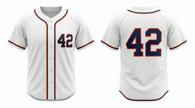 White Baseball Jersey with Number 42 Front and Back View Isolated on White Background.