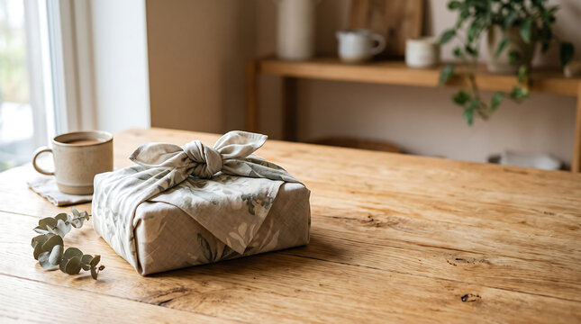 Floral fabric gift wrapping in traditional furoshiki style on a rustic wooden table interior.