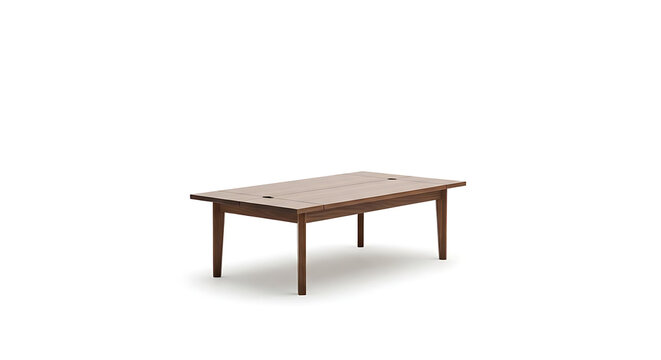 Minimalist rectangular wooden coffee table with tapered legs isolated on pure white background