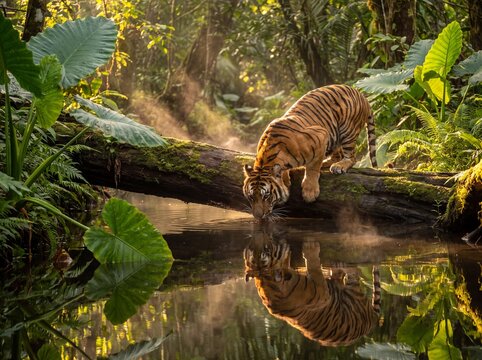 Majestic Tiger Drinks from a Misty Jungle Stream at Sunrise
