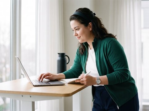 Generative AI, Woman working on laptop at a standing desk while taking notes at home