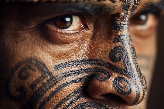 Close-up of a Maori man's face with traditional Ta Moko tattoos, showcasing cultural heritage and artistic expression.