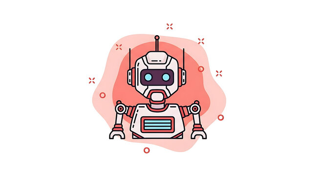 Friendly futuristic robot character isolated on soft abstract red splash background graphic design