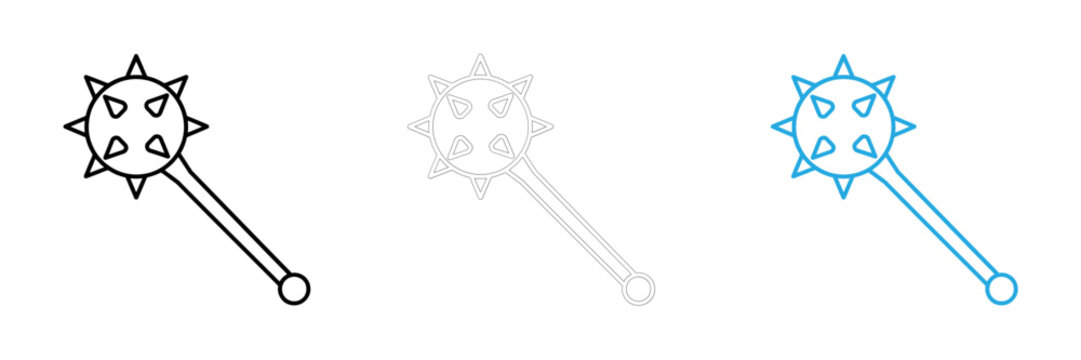 Set of three linear mace icons representing medieval weaponry in black white and blue outline styles