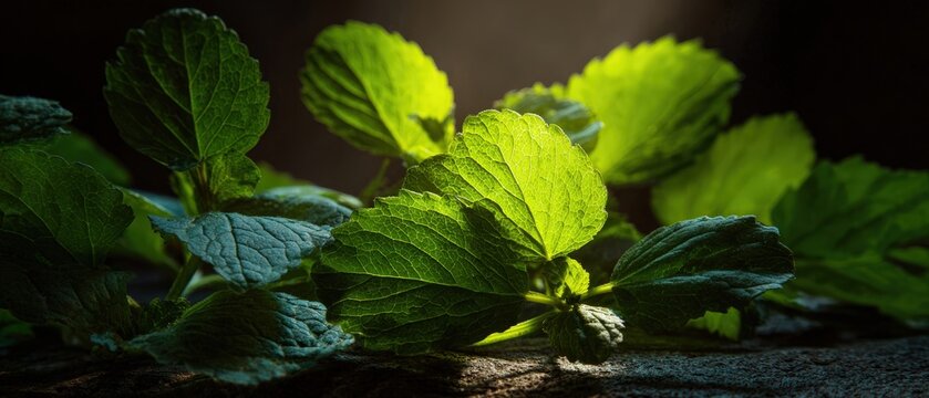 Fresh patchouli leaves carefully arranged showcasing natural herbal texture and botanical elements, perfect for handcrafted spiritual products and traditional healing aromatherapy concept.