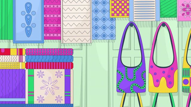 Indian textiles and handcrafted totes displayed in local market 2D cartoon animation. Artisan craft. Traditional fabric and shoulder bags bazaar animated flat backdrop 4K video background scene