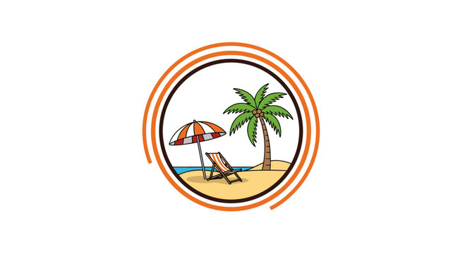 Circular tropical beach logo features a palm tree, a striped lounge chair, and a matching beach umbrella by the sea.
