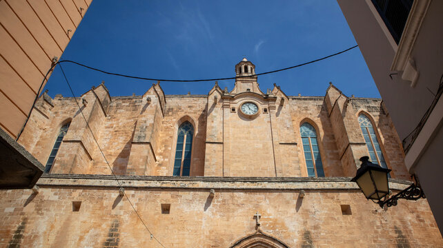 Historic Stone Archway and Cathedral in Old Town Square, Ciutadella,Menorca,Spain