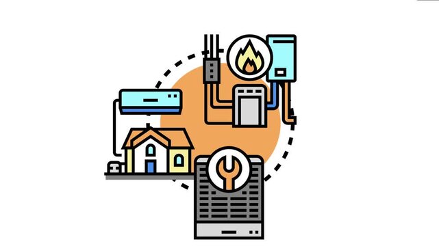 Home heating concept various energy systems, including a modern house, heating furnace, water heater, air conditioning unit, and maintenance services