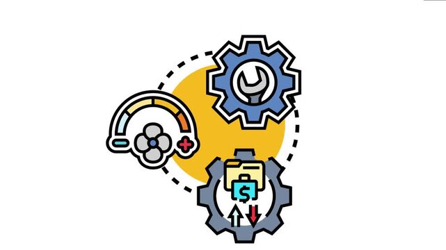 Adjusting different settings, featuring an icon with a wrench in a gear for maintenance, a fan control dial for regulation, and a folder with financial arrows for business optimization