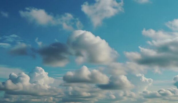 Bright blue sky filled with fluffy white and grey cumulus clouds of varied shapes, illuminated by sunlight from above. 4K video