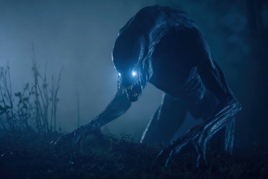 Slimy skinned alien monster with sharp teeth and glowing eyes crawling in mist filled environment, terrifying presence emphasizing fear of unknown, perfect for sci fi entertainment and gaming concept.