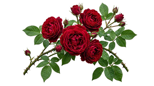 Deep red roses with buds and green leaves on branches.
