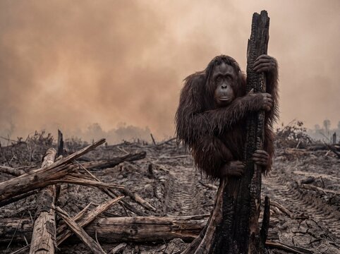 Orangutan Clinging to Burnt Tree in Deforested Landscape with Smoke-Filled Sky