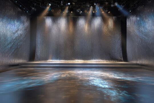 Empty entertainment stage with shimmering metallic backdrop and dramatic spotlight glow illumination, elegant fashion show runway and glamorous luxury event. Modeling presentation performance.