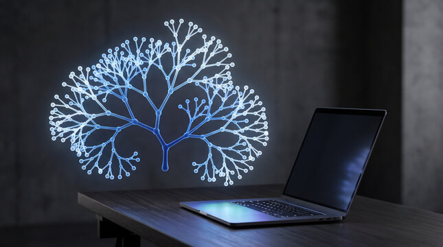 Glowing digital decision tree floating above a laptop computer in a dark room