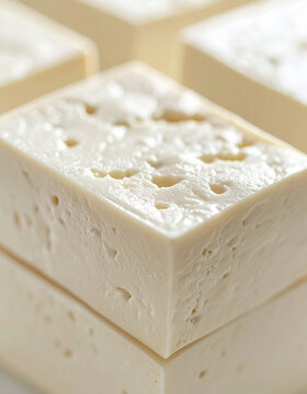 Fresh white tofu showing its silky smooth surface and subtle natural pores, delicate moisture and food texture, clean minimalist composition. Close-up.