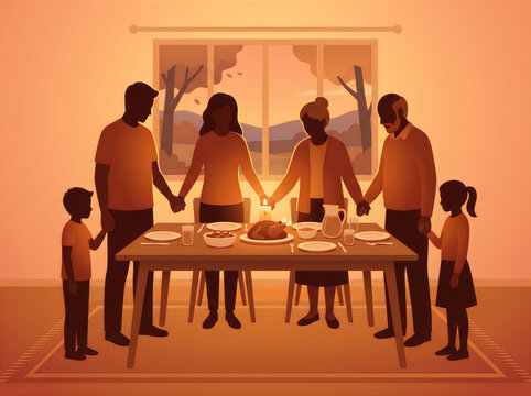 Silhouette family giving thanks holding hands around dinner table vector illustration