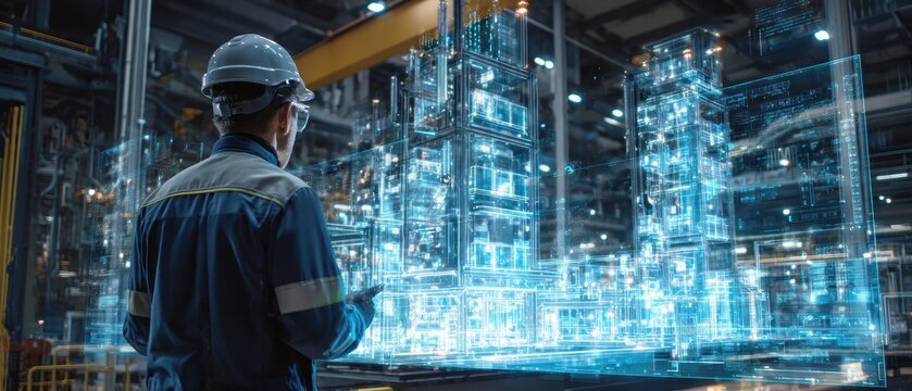 Engineer surrounded by holographic industrial system simulation controlled by artificial intelligence for proactive analysis. Proactive problem solving automation and predictive maintenance technology