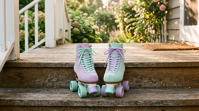 Pair of pastel pink and mint green vintage roller skates on a wooden porch