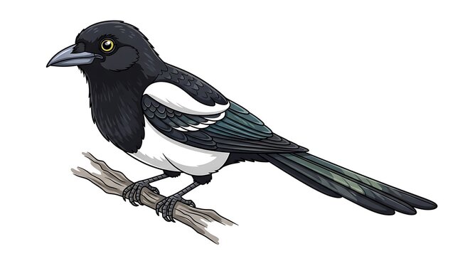 Realistic illustration of a magpie bird perched on a branch