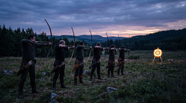 Group of archers aiming their longbows at a glowing target in a field at dusk
