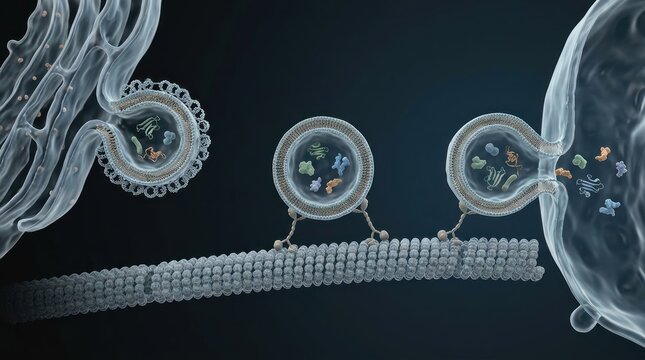 Cellular transport mechanism illustration microscopic vesicle movement on tubulin structure
