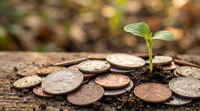 A young green seedling sprouting from a pile of old copper and silver coins