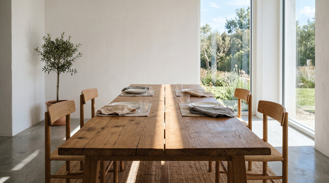 A long wooden dining table set for a meal in a minimalist sunlit room