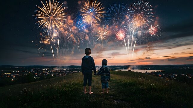 Two children holding hands watching fireworks over a landscape at sunset