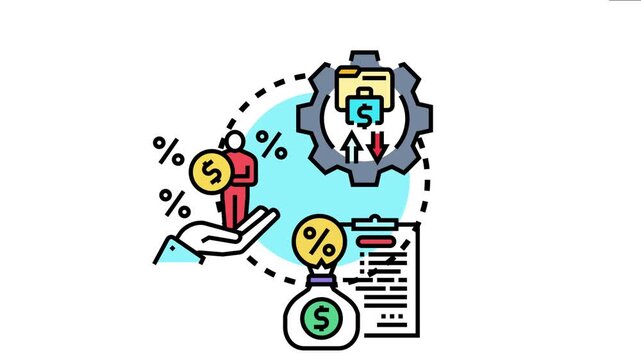 Adjustable rate financing system money management, interest rate fluctuations, and loan payments with a person holding a coin, a money bag, and a financial document