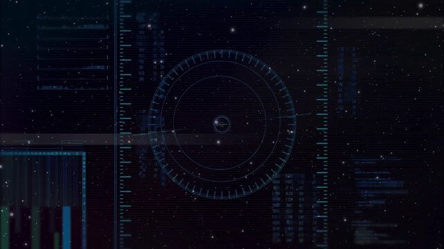 Sci-fi futuristic HUD radar interface scanning against a dark starry night sky background with telemetry data.