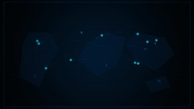 Abstract digital background featuring glowing cyan particles and subtle geometric shapes on a deep dark blue backdrop for technology concepts