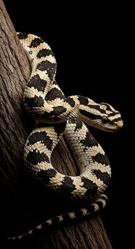 Black and white patterned snake coiled on tree branch