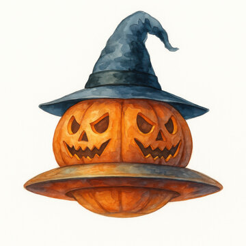 Spooky watercolor illustration of floating pumpkin UFO with witch hat and eerie carved face. fun and creepy halloween character for holiday decoration, isolated object