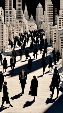 Crowd of people walking in a city with many tall buildings during the day