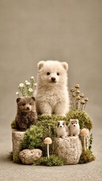 Small bears and little animals gather on a rock in a forest scene with flowers and moss