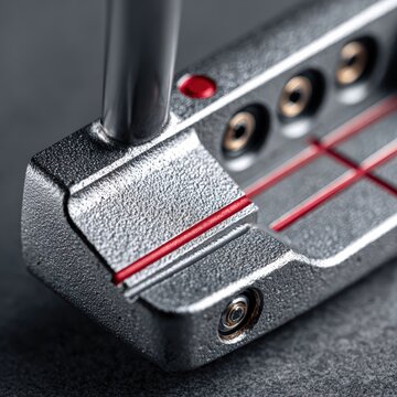 Close up of putter clubface showing precise alignment markings and guide lines etched into surface, accuracy and engineering. Technical craftsmanship advanced design manufacturing precision detail.