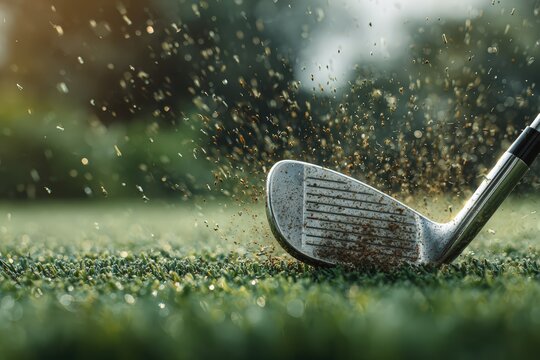 Iron club creating perfect divot on fairway with grass particles flying through air, proper technique and expertise concept. Professional golf swing mastery precision execution and athletic skill.